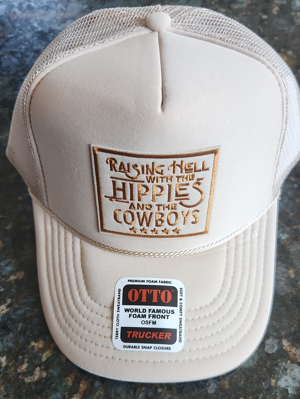 OTTO Beige Trucker Hat with Embroidered 'Raising Hell' Patch